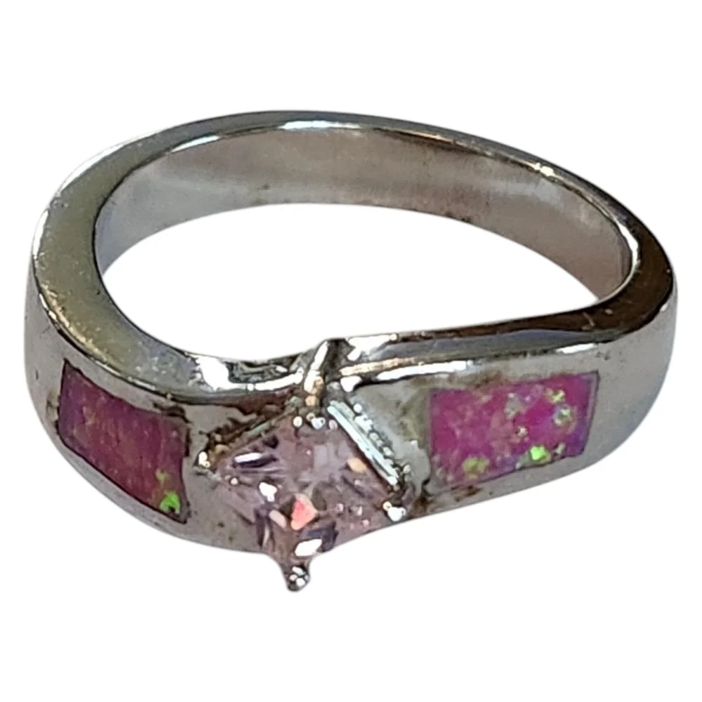 💍NEW & BEAUTIFUL💍 Pink Opal Inlay  Silver Ring‎ Size 7